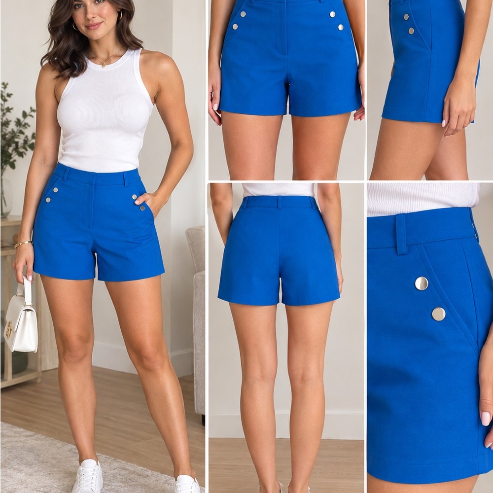 High-Rise Blue Button-Accent Women’s Shorts